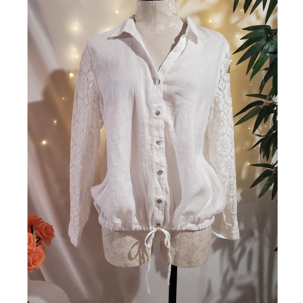 J Jill Love Linen Shell Button Tie Hem Blouse Top Womens Size M White Coastal